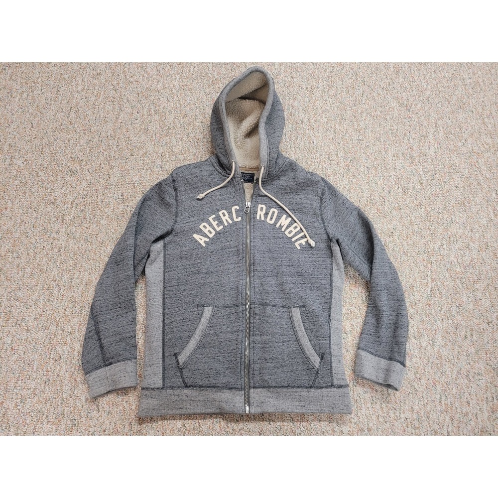 Abercrombie & Fitch Hoodie Mens Size Medium Gray Sherpa Full Zip Logo Sweatshirt